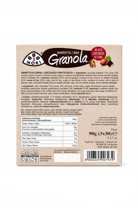 Barretta Granola Avena Integrale, Nocciole e Cioccolato Fondente – (3 x 30 g)