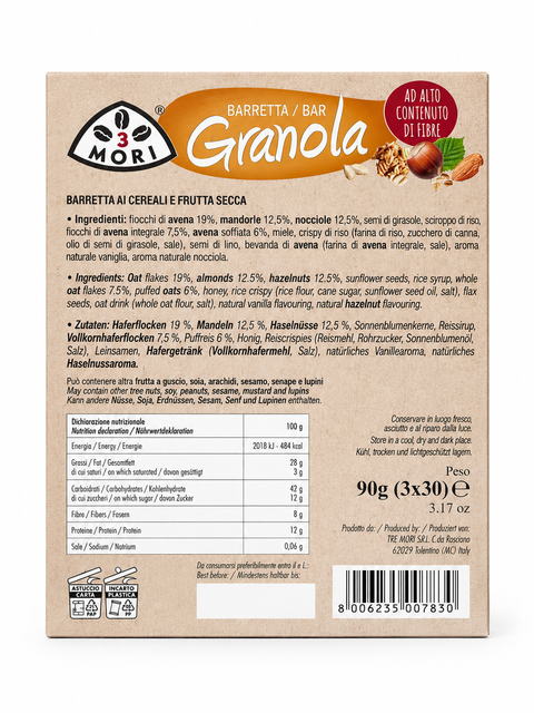 Barretta Granola Tre Mori – Fiocchi di Avena Integrale, Mandorle e Nocciole (3 x 30 g)